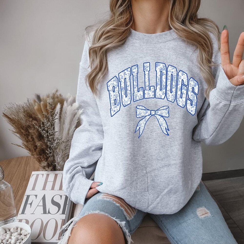Custom College Merch Sweatshirt Women Blue Toile Floral Print , ANY COLLEGE Name - Picture 2 of 9